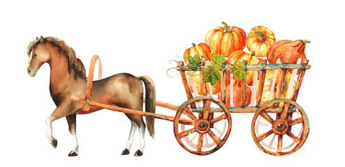 Watercolor drawing of a horse with a haystack on a cart on a white background © Eva Kleinman