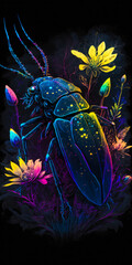 Bug with colorful flowers on black background. Generative AI.