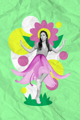 Vertical collage portrait of mini peaceful black white effect girl dancing painted spring flowers isolated on creative background