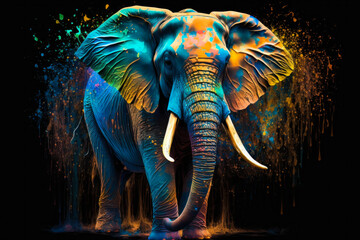 An elephant painted with multicolored paint on black background. Generative AI.