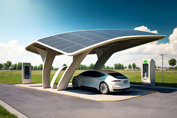 An electric car charging station with solar panel on top. Generative AI.