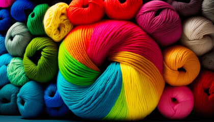 Many different colors of yarn are shown in this photo. Generative AI.