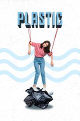 Designed photo collage of young unhappy girl hanging ropes doll stressed plastic trash destroy...