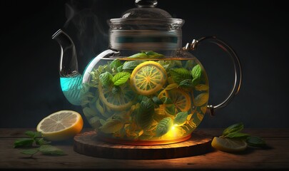  a glass teapot filled with lemon slices and mint leaves.  generative ai