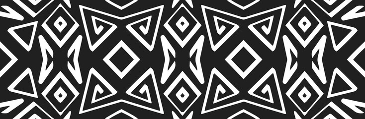 Banner, cover design. Embossed geometric pattern on a black background. Ethnic motifs, unique textures of the East, Asia, India, Mexico, Aztecs, Peru. Dudling, boho, art deco.