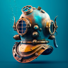 An old diving helmet on blue background. Generative AI.