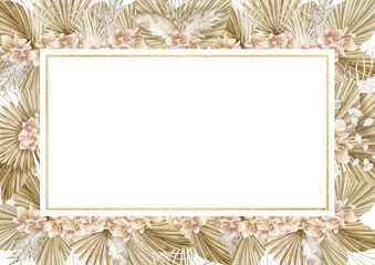Watercolor horizontal rectangular Frame with dried palm leaves and orchid flowers in Boho style. Hand drawn illustration. Template for greeting cards or invitations. Bohemian border in pastel colors.