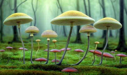  a group of mushrooms in a forest with mossy ground.  generative ai