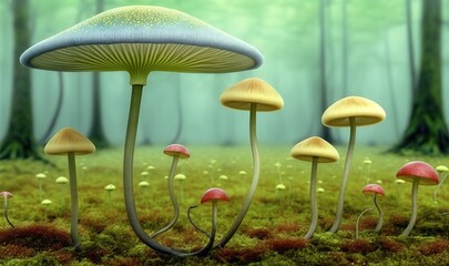  a group of mushrooms in a forest with mossy ground.  generative ai
