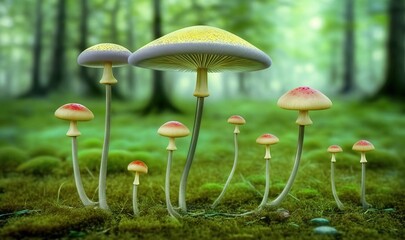  a group of mushrooms in the middle of a green forest.  generative ai