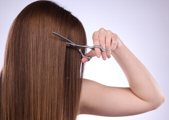 Woman, scissors and cut haircut on studio background for aesthetic change, DIY makeover and salon...