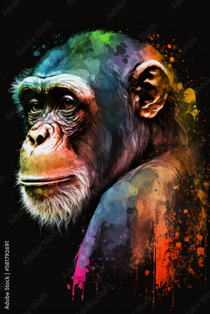 Sticker Image of chimpan on black background. Generative AI.