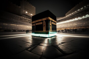 illustration, kaaba mecca in long exposure with color, generative ai - obrazy, fototapety, plakaty
