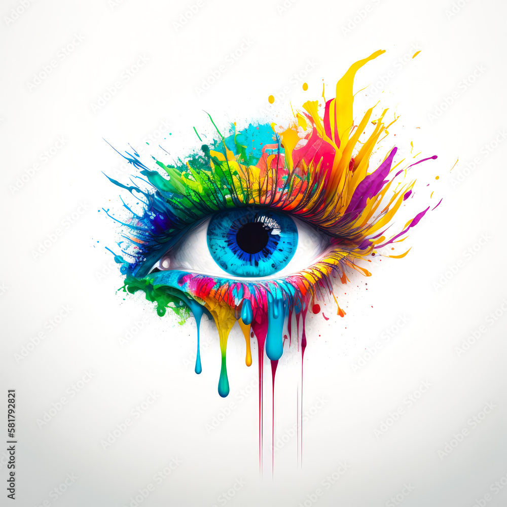 Sticker colorful eye with paint splashes on it. generative ai.