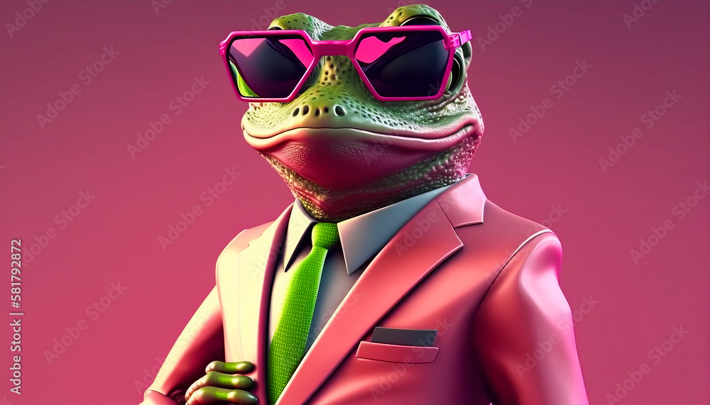 Poster Lizard wearing pink suit and sunglasses. Generative AI.