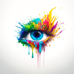 Colorful eye with paint splashes on it. Generative AI.
