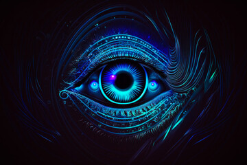 An eye with glowing lines on dark background. Generative AI.