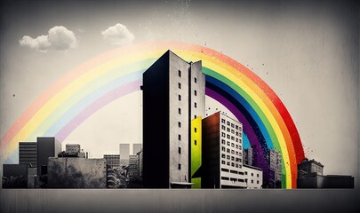  a black and white photo of a rainbow over a city.  generative ai