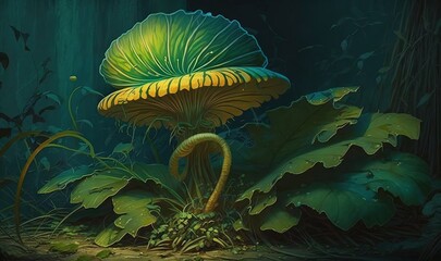 Fototapeta na wymiar a painting of a mushroom in the middle of a forest. generative ai