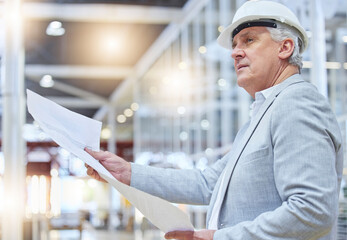 Business man, blueprint and thinking of construction at building site, project management and designer. Architecture, mature contractor and ideas for engineering, industrial manager or floor planning