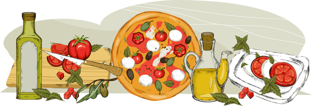 Italian cuisine dishes and ingredients for restaurant menu engraved hand drawn vintage style - Powered by Adobe