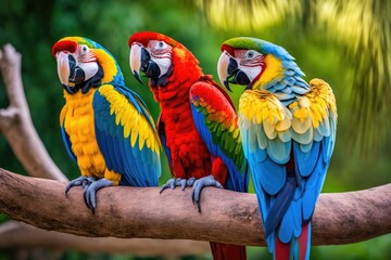Colorful red, yellow and blue macaws in Parque das Aves (Birds Park) n the city of Foz do Iguaçu, close to the Iguazu Falls, Parana State,the South Region of Brazil. Generative AI - obrazy, fototapety, plakaty