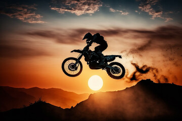 Silhouette of a jumping biker at sunset off-road. Generative AI. 