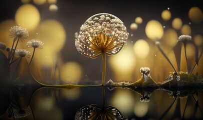  a dandelion with water droplets on it in a field.  generative ai
