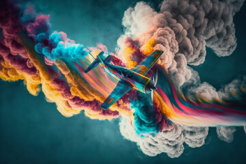Generative AI of air-show with planes and colorful smoke in the sky. - obrazy, fototapety, plakaty