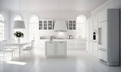  a white kitchen with a center island and a table with chairs.  generative ai