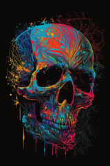 Generative Ai of a human skull in colors on a black background. 