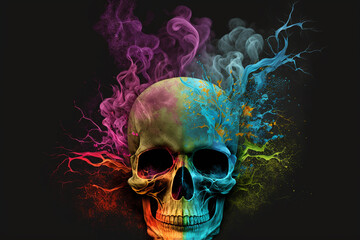 Generative Ai of a human skull in colors on a black background. 