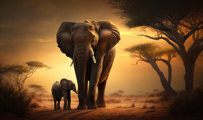  a painting of an elephant and a baby elephant in the sunset.  generative ai