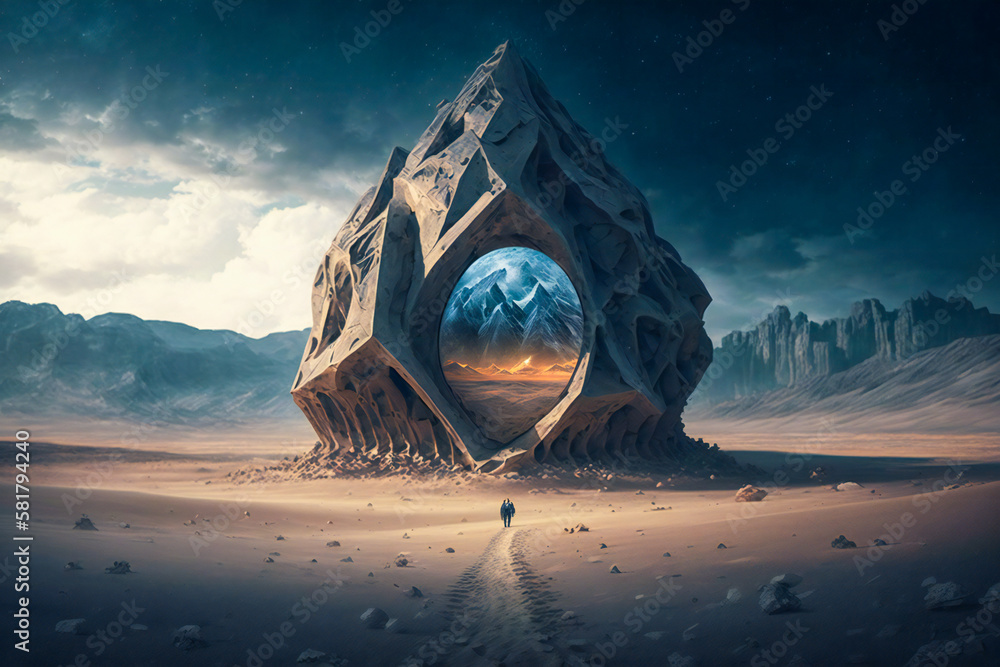 Poster strange, bizarre ancient alien structure on an alien planet. created with generative ai technology.