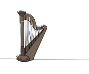 Harp one line color art. Continuous line drawing of musical, melody, antique, culture, retro, tune, traditional, symphonic, music, irish, orchestra, greek, lira, lyra, string.