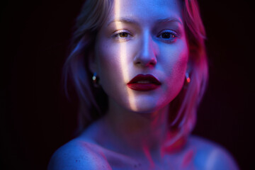 Beauty portrait of a serious woman posing in studio. There is a light on her face, photo taken with photo gels.
