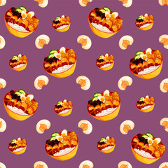 Chinese food seamless pattern. Hand drawn different types of asian food in wooden steamers repeating background. Tasty chinese food, delicious har gao, sticky rice, rolls.
