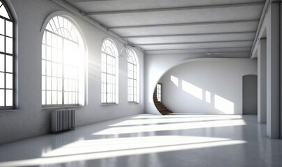  an empty room with a spiral staircase and large arched windows.  generative ai