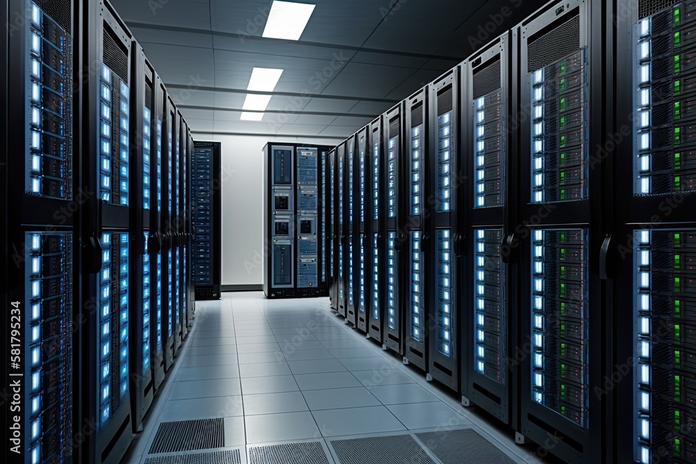 Poster view of a large active data center featuring server racks. generative ai
