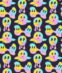 Groovy pattern melting smiling Faces on black background. Hippie seamlees gradient emoji.