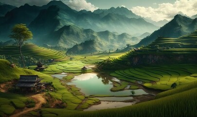  a painting of a rice field with a small house in the middle.  generative ai
