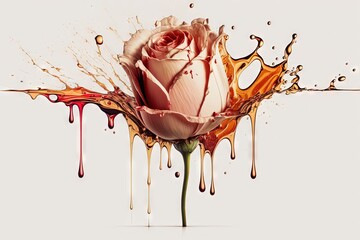  a pink rose with water splashing on it's petals.  generative ai