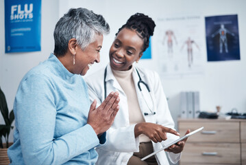 Black woman, doctor and elderly patient with good news, tablet and results for health, advice and...