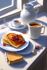 Breakfast on white table and morning sunshine, pancakes, cup of coffee, milk, and honey.