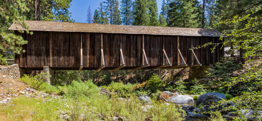 View of Yosemite Wawona covered Bridge over the South Fork Merced River in Mariposa, during the...