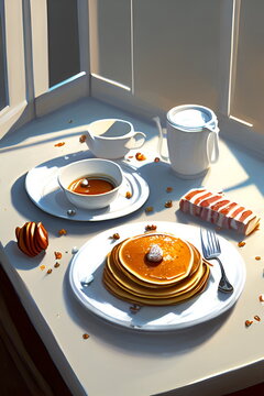 Breakfast on white table and morning sunshine, pancakes, cup of coffee, milk, and honey.