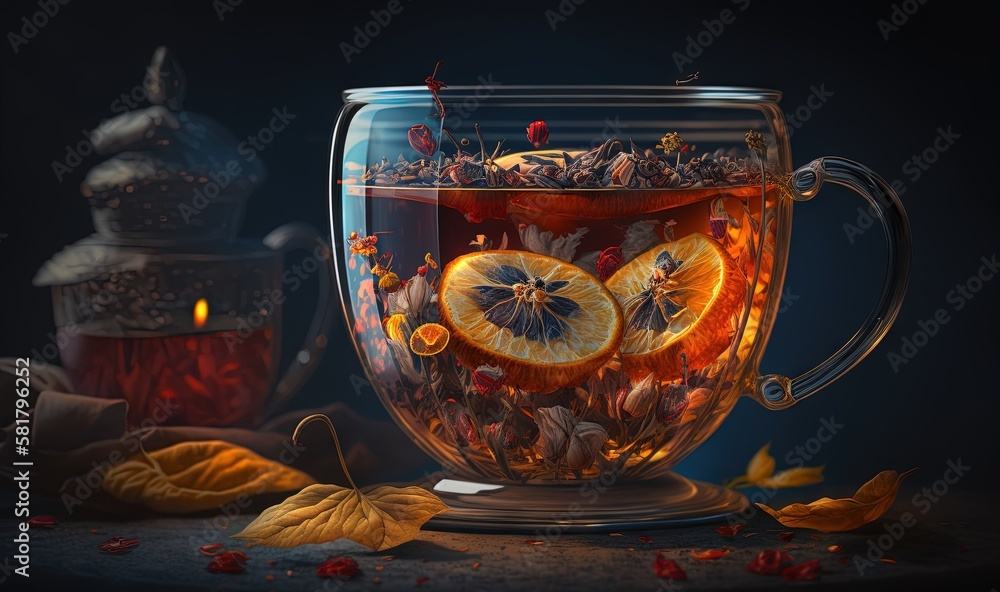 Poster a cup of tea with orange slices and spices in it. generative ai