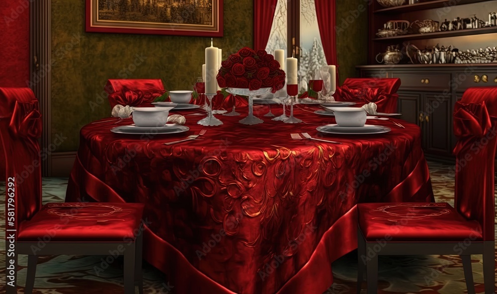 Poster a table with a red table cloth and a red chair. generative ai