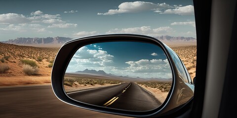 Fototapeta premium The road behind, view or the rearview mirror of a car, generative ai