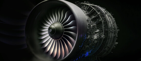 A turbofan jet engine with exterior covers detached, and internal section visible. generative AI. 